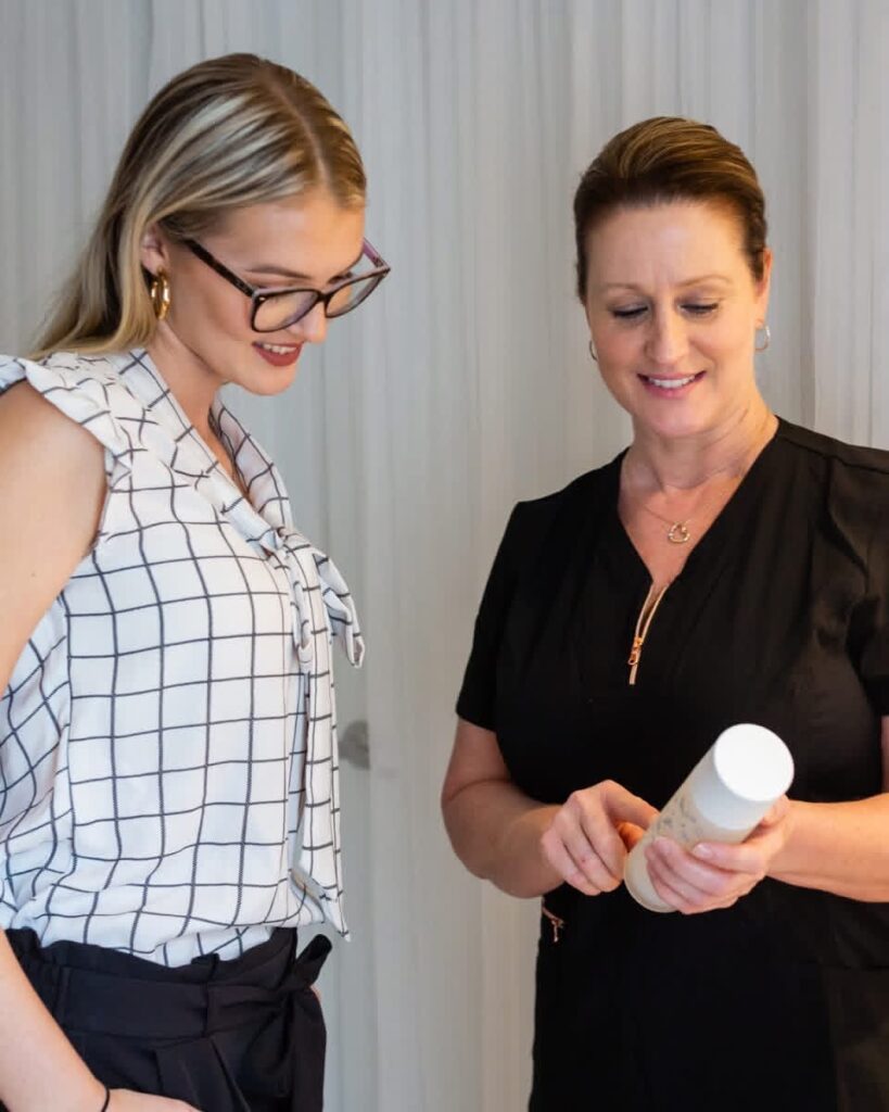 Barbara explaining a product to a client.